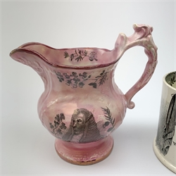 A 19th century pink pearlware jug with lustre detail, of bulbous form decorated with a head and shoulder portrait of Earl Grey The First Lord of the Treasury, the reverse inscribed Reform within a surround of trailing thistles, clovers and roses, with printed C&R monogram beneath, H14cm, together with a Staffordshire pottery black transfer printed centenary mug, inscribed Celebration of the centenary Wesleyan Methodism Oct 28 1839, and a small mug depicting Rev John Wesley, (handle a/f), H7cm. 