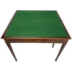 19th century mahogany card table, moulded rectangular fold-over top with baize lined interior, on square tapering supports with spade feet
