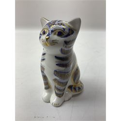 Three Royal Crown Derby paperweights, comprising Misty, exclusive to the RCD Collectors Guild during 2003, Grey Kitten, modelled as a sitting cat, with original box, and Platinum Arctic Fox, all with gold stoppers, and further associated box, tallest H8cm