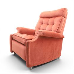 Parker Knoll - mid-century armchair suite, 'Model N30' recliner armchair with headrest and deep buttoned seat and back raised on castors, a wide armchair with deep button back and seat raised on castors, a wingback chair with flared scrolled arms, raised on cabriole supports