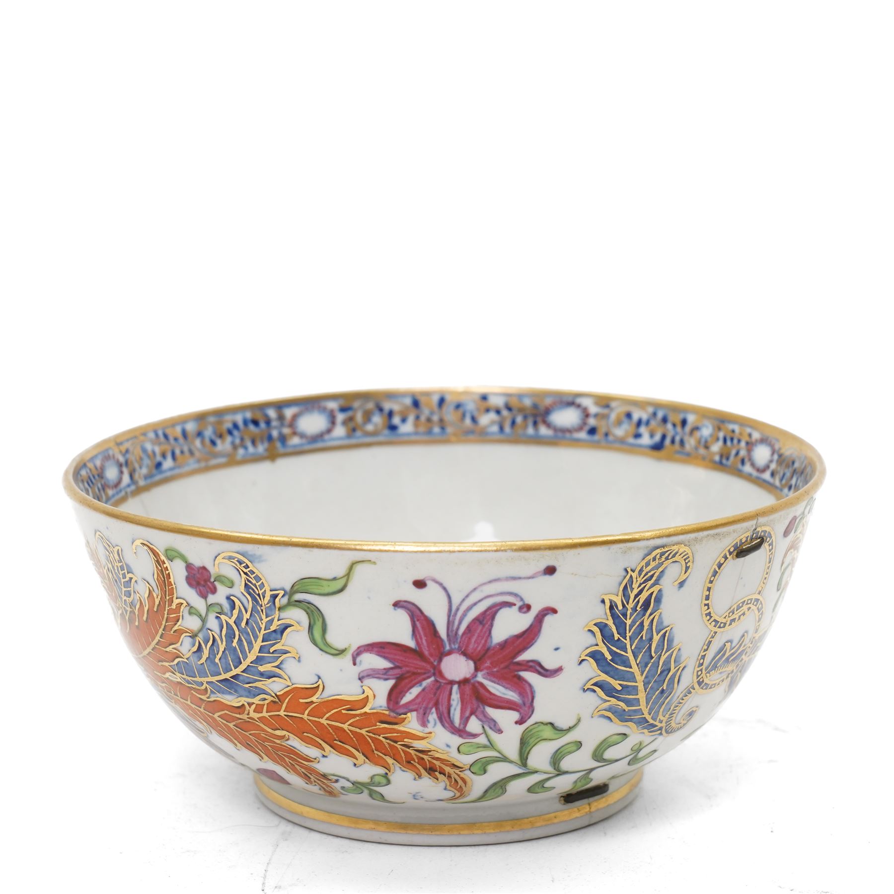 New Hall part tea and coffee service richly decorated  with a Tobacco Leaf design in pattern 274 comprising nine tea cups, eight coffee cans, ten saucers, tea pot and stand, sucrier and cover, slop bowl, milk jug and plate, circa 1800