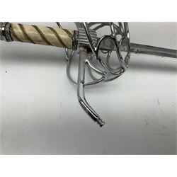 Replica knight's longsword, the 91.5cm double-edged steel blade with basket hilt and wire-bound bone grip with spherical pommel, in leather scabbard L112cm overall