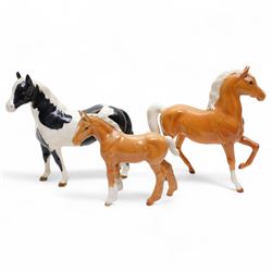 Three Beswick horses, comprising Palomino Shire Foal 1053, Pinto Piebald Pony 1373 and Pal...