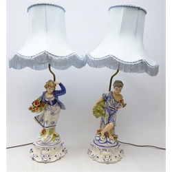  Pair continental figural table lamps with shades, H74cm  