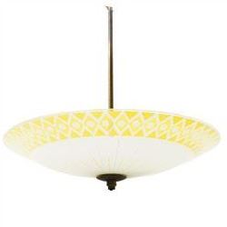 1960s yellow and white glass umbrella chandelier, with brass suspension rod and three ligh...