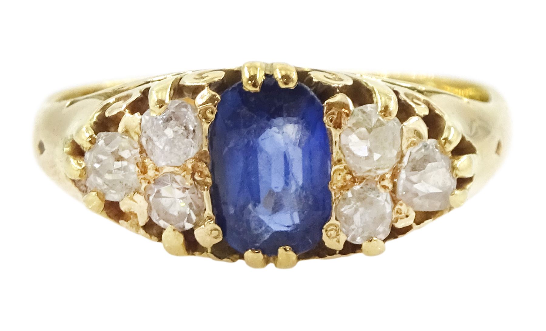 Gold cushion cut sapphire and six stone, old cut diamond ring, stamped 18ct, sapphire approx 0.70 carat, total diamond weight approx 0.35 carat