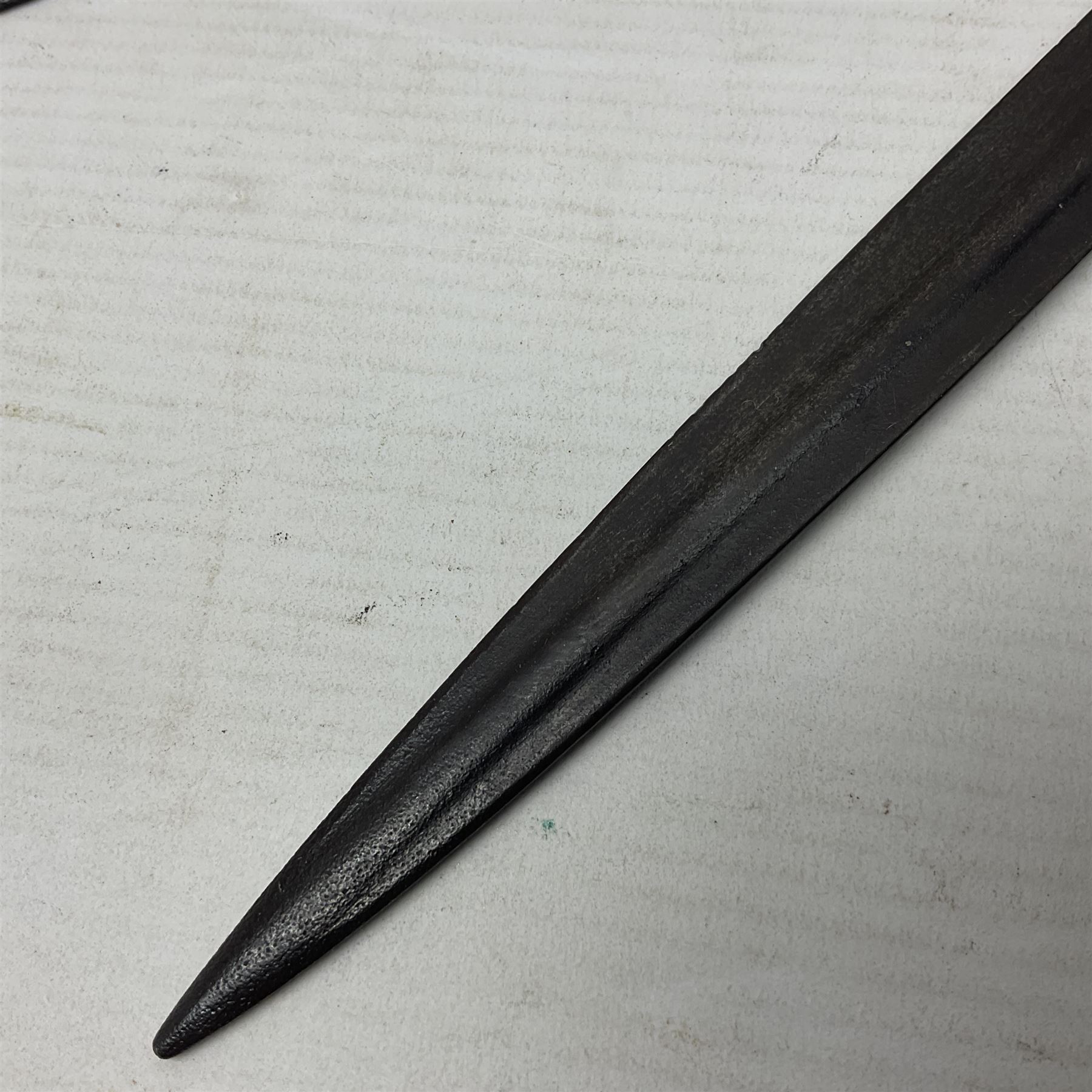 WWI Prussian S98 bayonet with 52cm fullered steel blade dated 1906 to pipeback and marked Solingen to ricasso, regimentally stamped to cross guard 56.R.11.2. for 56 Infanterie Regiment, 11 Kompanie, Waffe 2, L65cm overall; and another in battlefield relic condition (2)