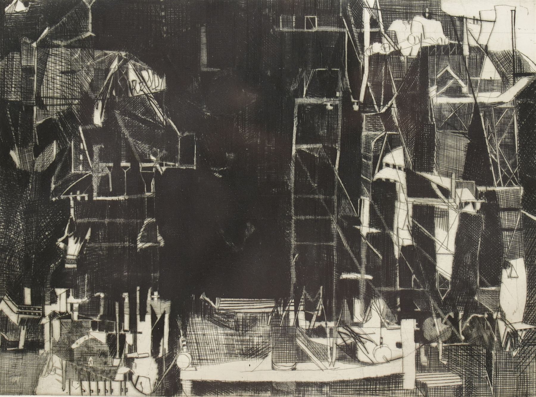 Maxwell Doig (Northern British 1966-): 'Pylons', drypoint etching on zinc signed dated 1990 and numbered 3/8 in pencil 22cm x 29cm 
