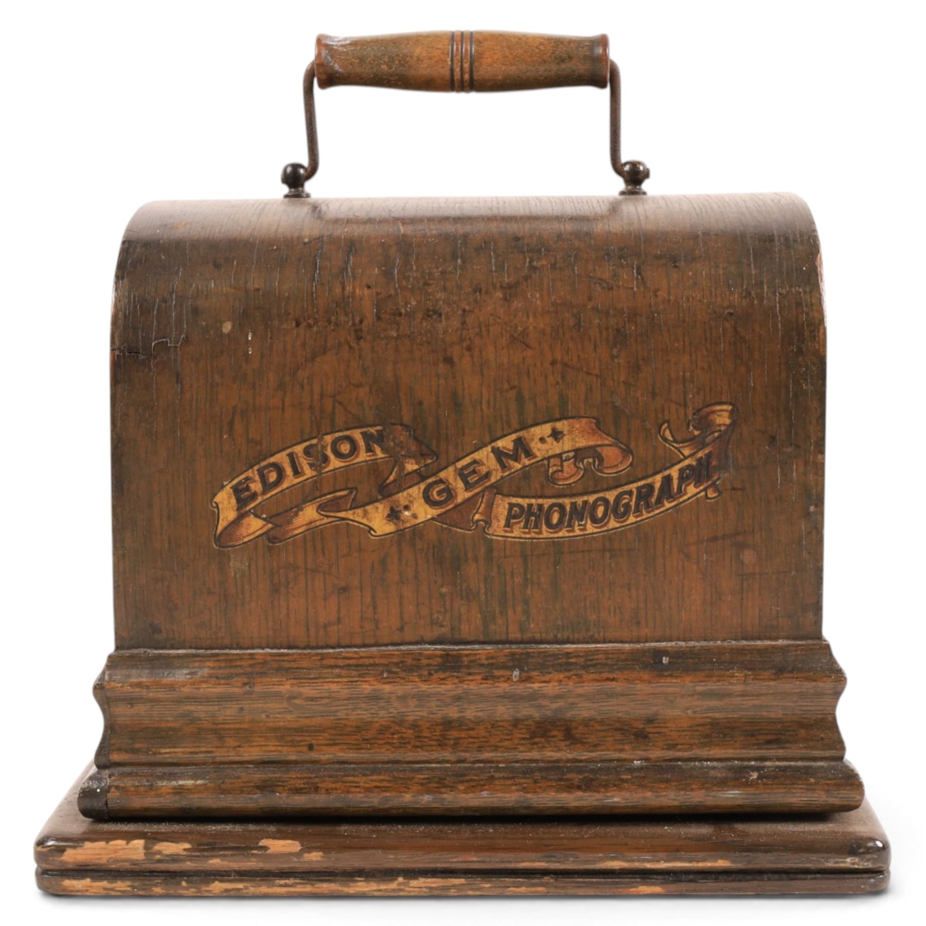 Early 20th century Edison GEM phonograph, in oak case, serial number G72256, with brass and black horn and a collection of wax cylinders