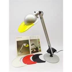  1980s Donald A390 desk lamp designed by  Perry King, Gianluigi Arnaldi and Santiago Miranda for Arteluce, with four interchangeable coloured plastic visors, with original catalogue featuring the lamp, H62cm   