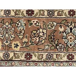 Finely knotted silk on silk ivory ground runner (L185cm,  W76cm), overall floral design together with a prayer rug (L94cm, W63cm)
