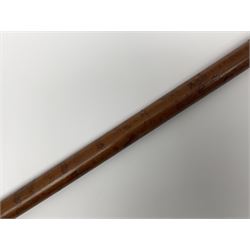 19th century malacca walking cane, the screw threaded domed cover opening to reveal vacant recess, above a further screw threaded opening revealing a removable glass vial with stopper, glass vial L41cm, cane L89.5cm