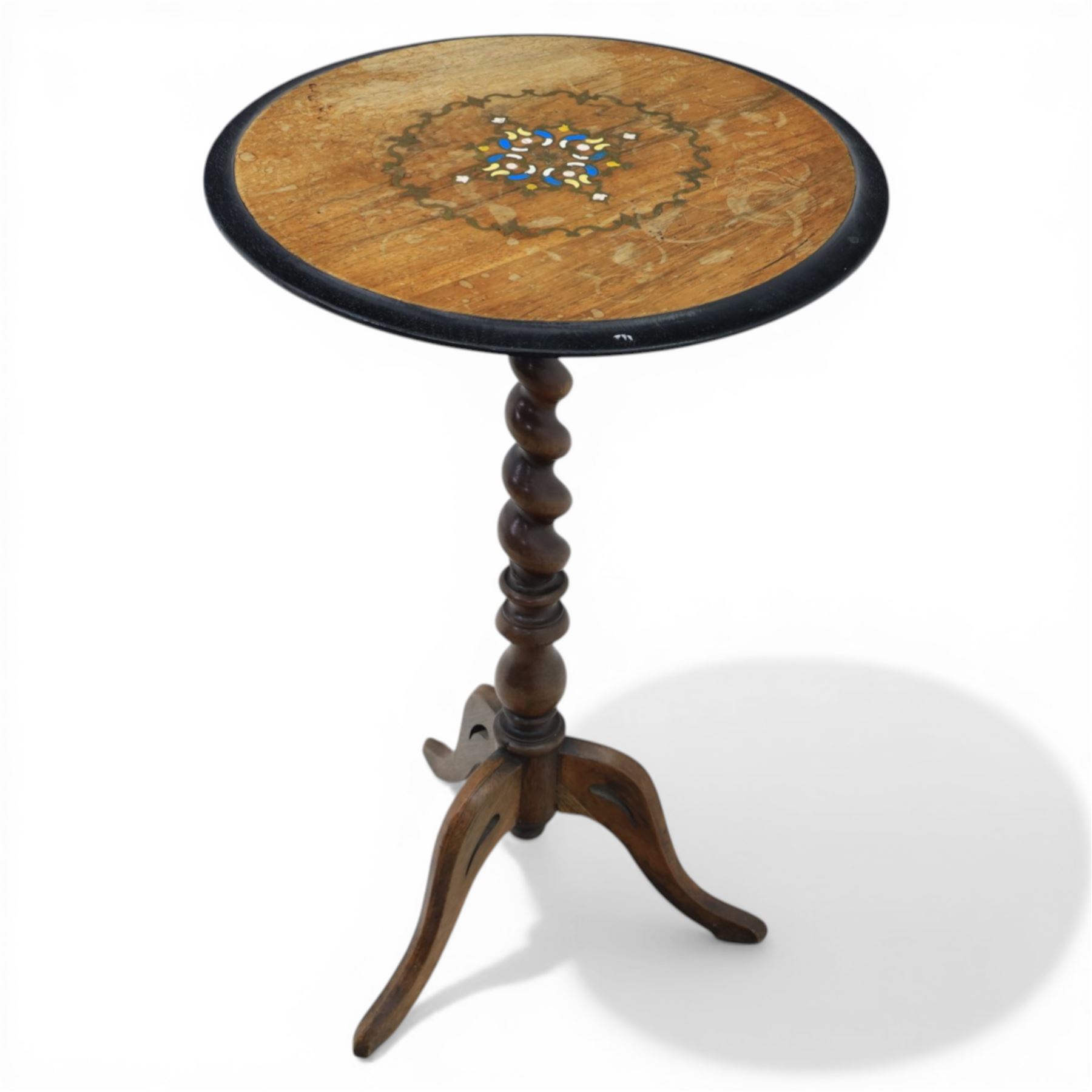 19th century brass inlaid wine table, on a barley twist column terminating in three cabriole supports