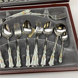 Royal Albert Country Roses canteen of cutlery, for six place settings, together with a boxed set of six cake forks, and boxed set of six coffee spoons.