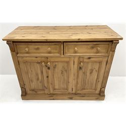 Traditional pine dresser base, two drawers above three cupboard doors, plinth base
