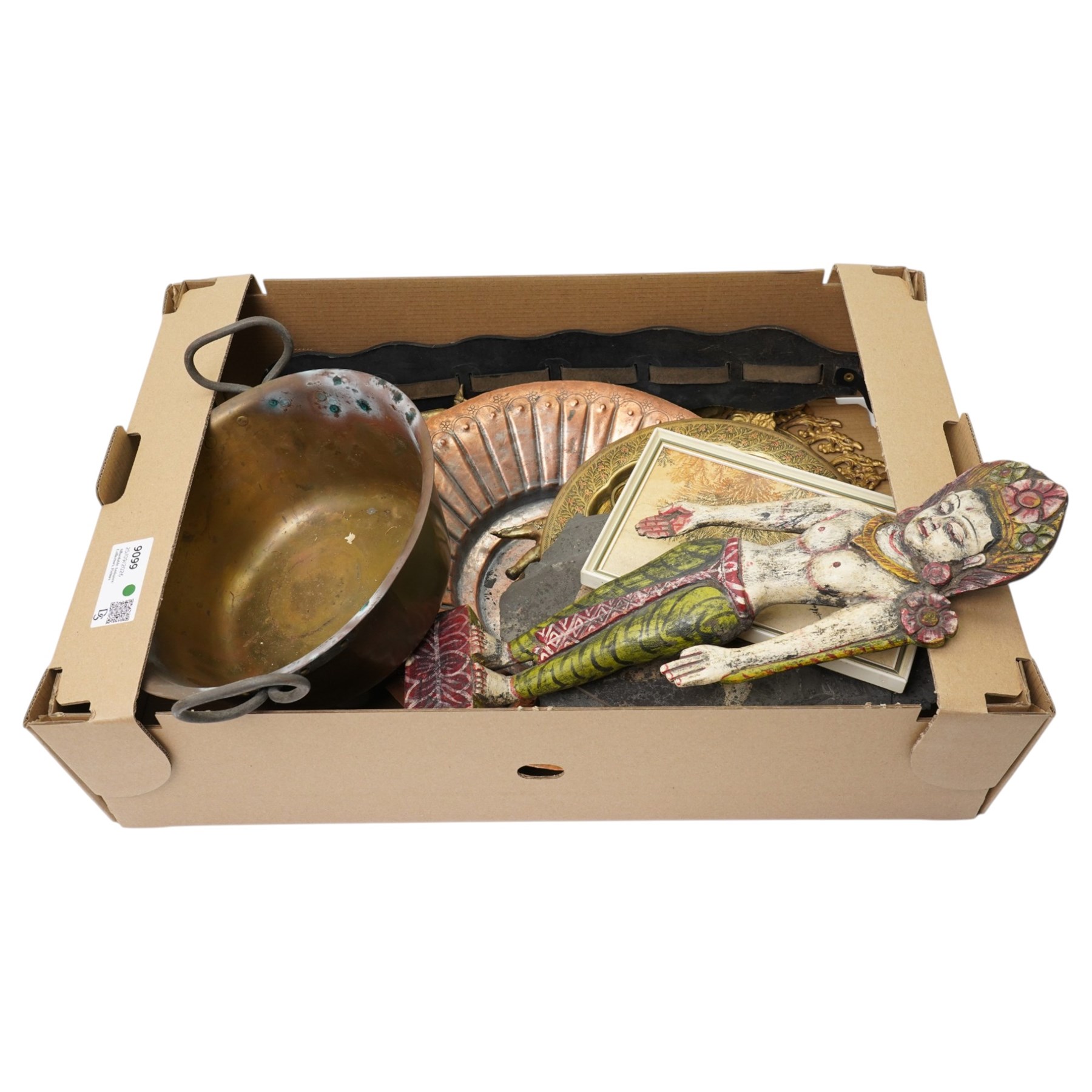 Collection of Indian Dokhra figures, horse brasses, painted Burmese figure, ammonite fossils etc