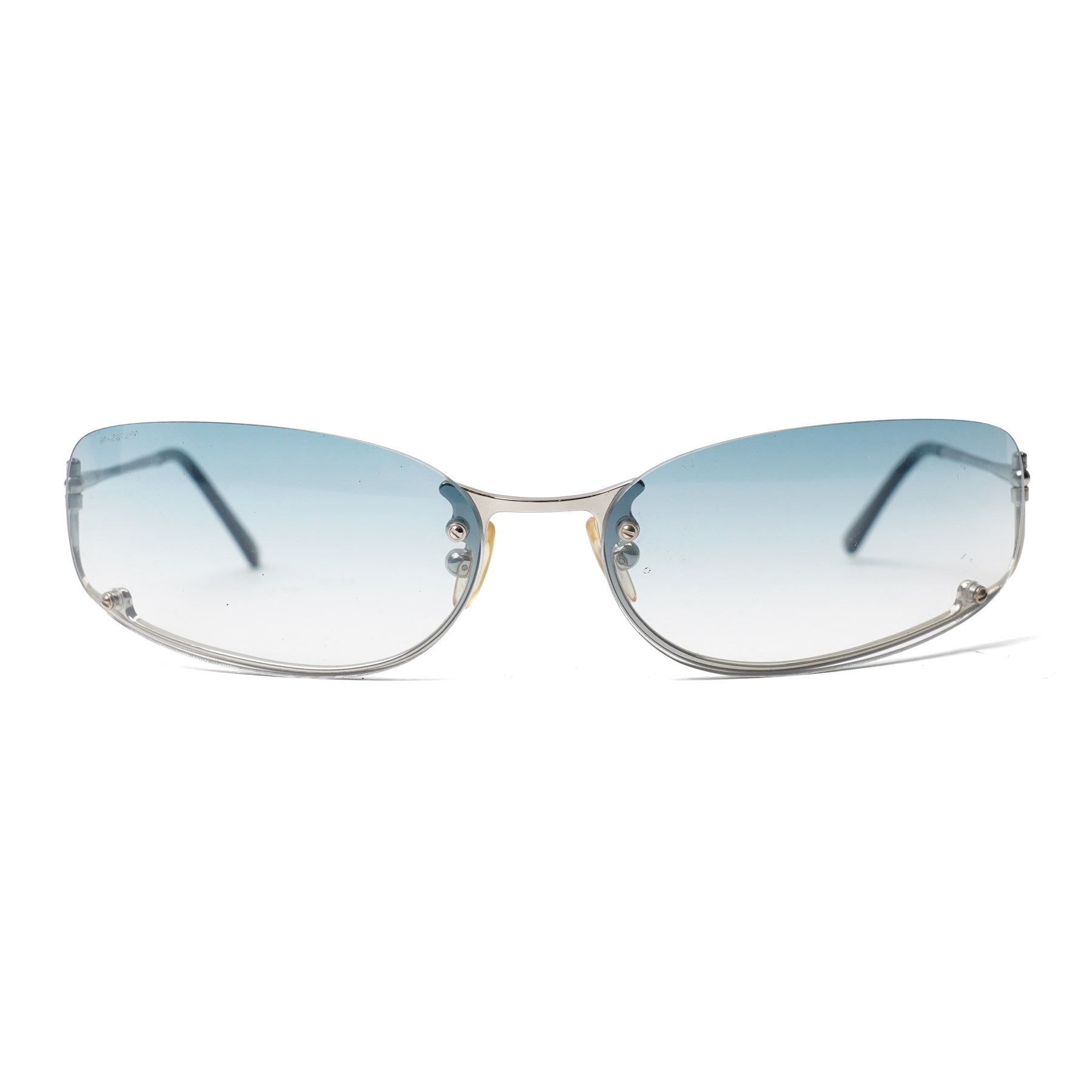 Prada - rimless shield-style sunglasses, with graduated blue smoke lenses, silver-tone metal lower bridge and temples and PRADA lettering to the arms, in original hard case 