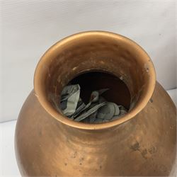 20th century brass carriage lantern, with six glass panels and eagle finial, together with a copper coal scuttle and hammered copper vase, lantern H77cm