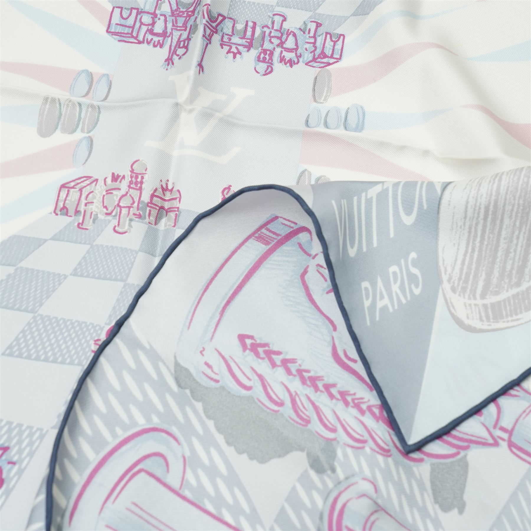 Louis Vuitton silk carré scarf, the multicolour design featuring stylised chess pieces and Parisian monument motifs over a Damier ground, with tonal LV monogram to the centre, signed Louis Vuitton Paris, 89cm x 89cm