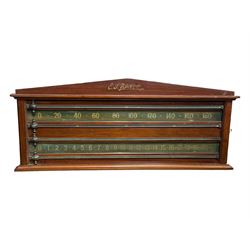 Riley - early 20th century full-sized mahogany billiards or snooker table, on eight turned baluster supports, with cue rack, scoreboard, balls and various cues 