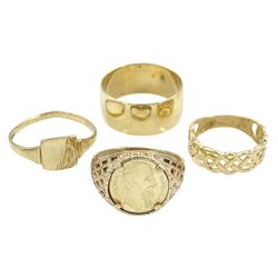 Gold Celtic design ring, gold wedding band and two other rings, all hallmarked 9ct, approx 7.9gm
