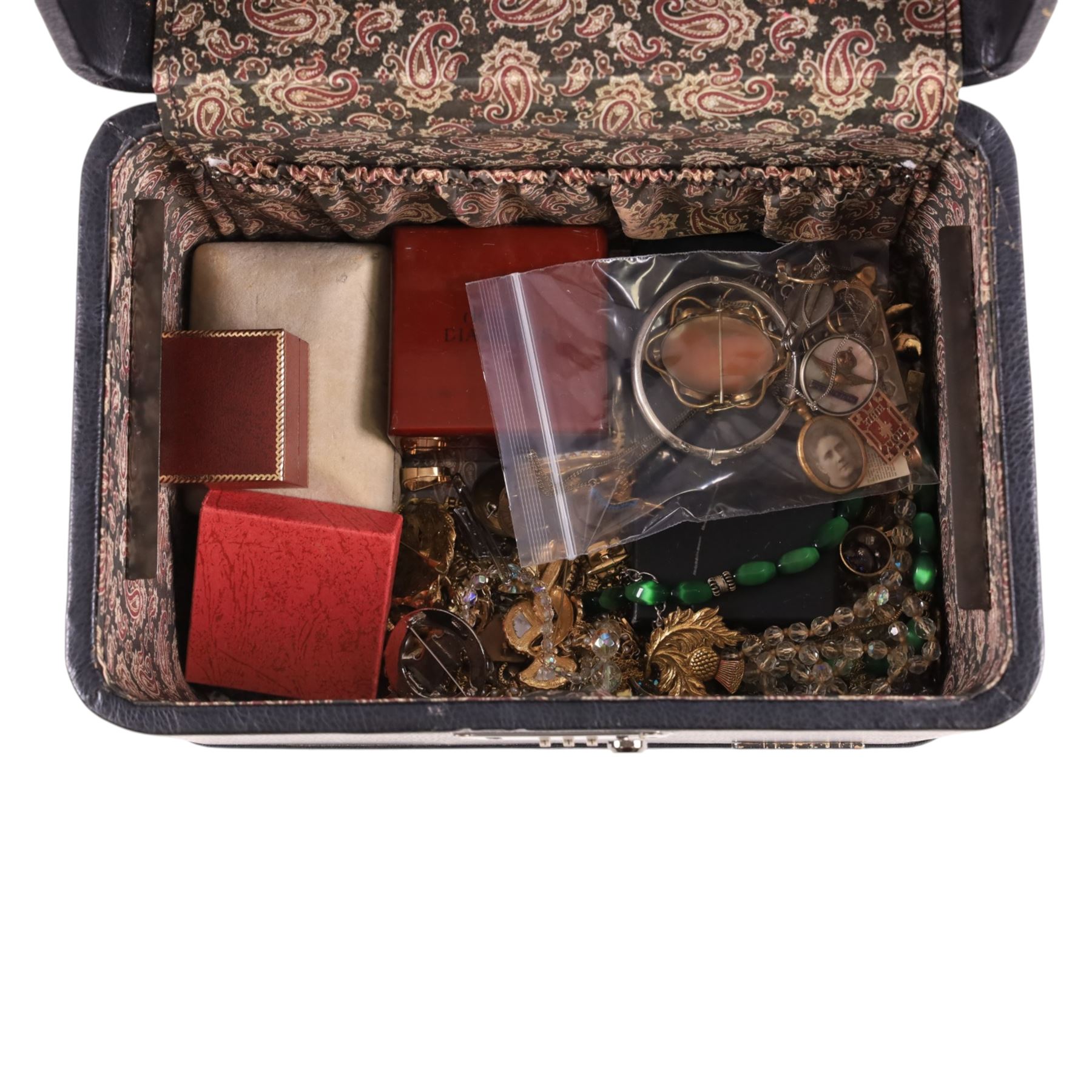 9ct gold jewellery, including five charms, signet ring and ring shank, silver jewellery including bangle, ingot, ARP badge and a collection of costume jewellery in jewellery box