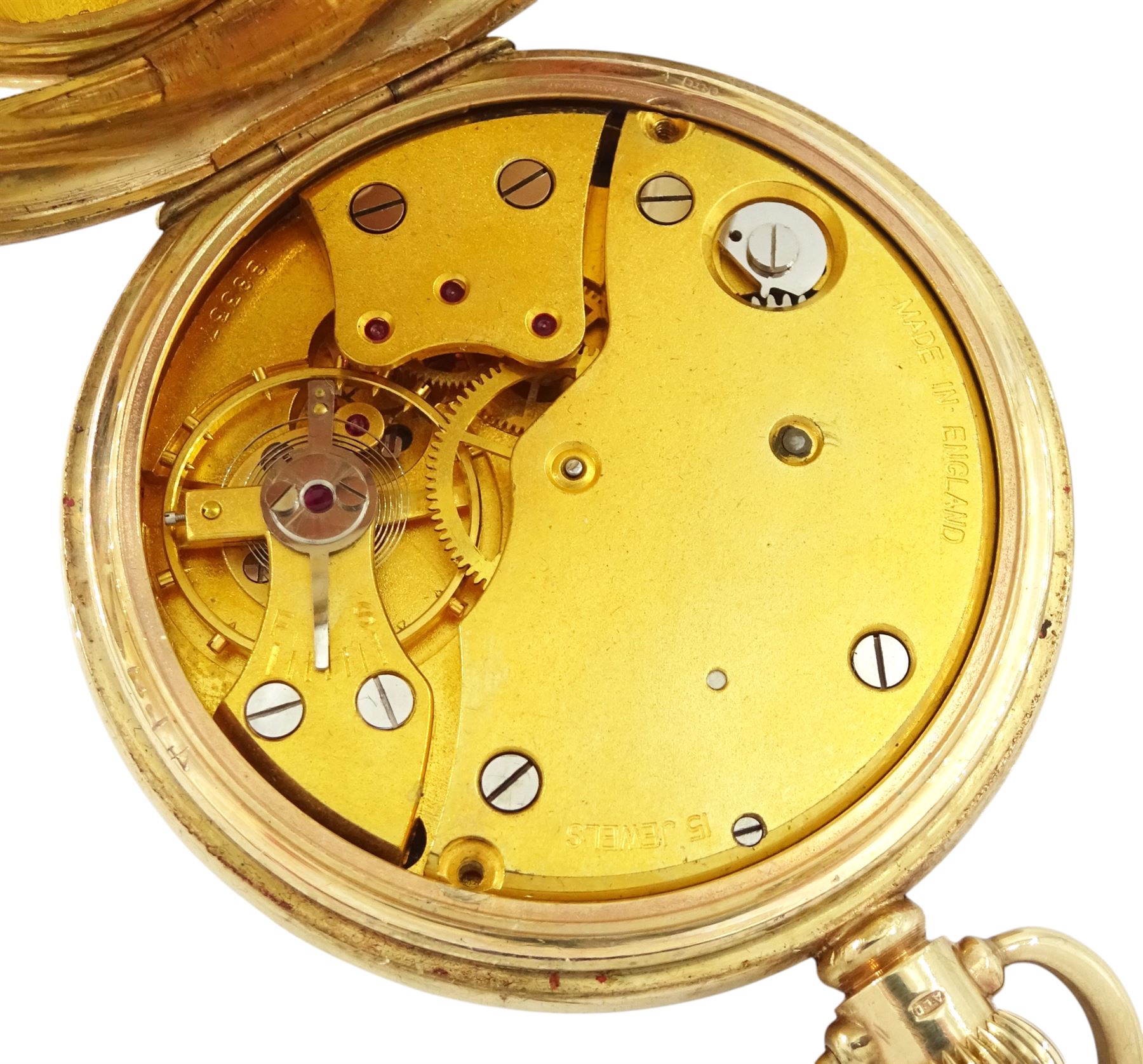 9ct gold open face keyless lever presentation pocket watch by J W Benson, London, white enamel dial with Roman numeral hour markers and subsidiary seconds dial, case by Dennison, Birmingham 1956, in early 20th century silver mounted tooled leather case by S Blanckensee & Son Ltd, Birmingham 1907