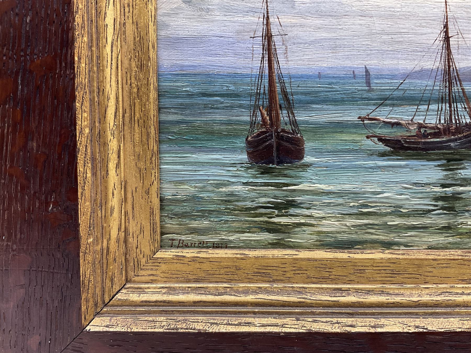 Thomas Barrett (Staithes Group 1845-1924): 'Clovelly Fishing Boats', oil on canvas signed and dated 1879, titled on label verso 14cm x 22cm