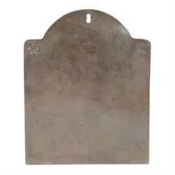 Arts and Crafts bronze letter rack, with three divisions, abalone cartouche to the front, the arch pediment with central figure flanked by abalone and impressed floral decoration, H19cm  