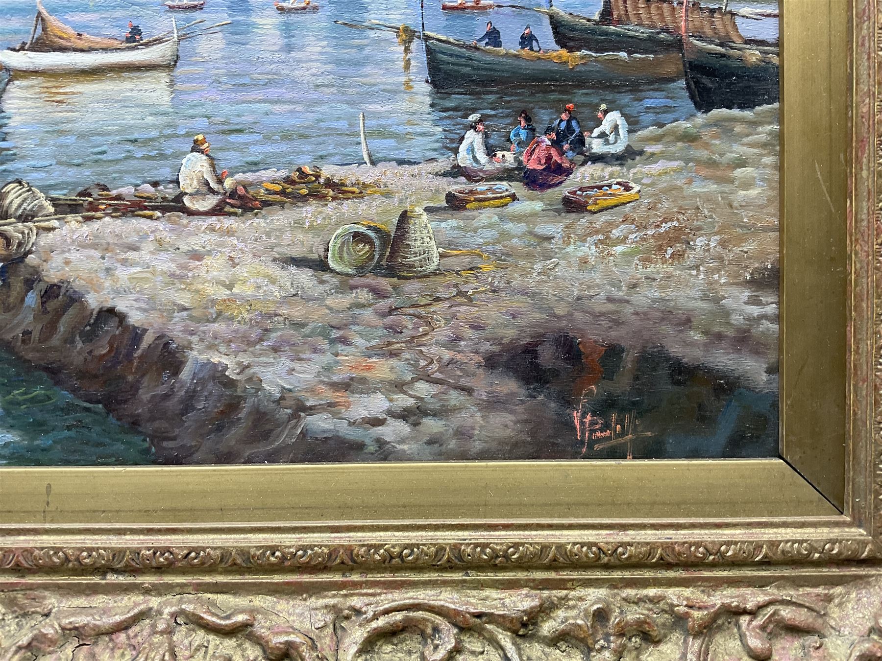 V* P* (Italian 20th century): The Amalfi Coast, oil on panel indistinctly signed 24cm x 33cm