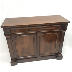 Victorian mahogany chiffonier, single drawer above two cupboards, plinth base, W120cm, H92cm, D47cm