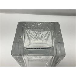 Daum clear crystal glass vase of square sleeve form decorated with stylised sunburst motif, engraved signature to the reverse H25cm