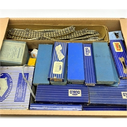 Hornby Dublo - quantity of three-rail electric track including various straights, curves, turntable, manual and electric points, diamond crossing, railer etc; and two controllers; predominantly boxed