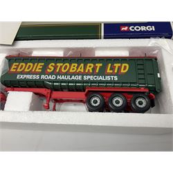 Corgi Eddie Stobart - three lorries; limited edition CC12802 Scania T-Cab Bulk Tipper; limited edition CC13201 DAF XF Super Space Cab Curtainside; and CC13401 MAN TGA Curtainside; all boxed (3)