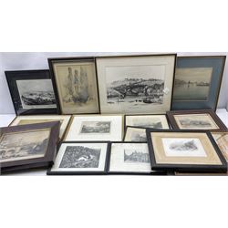 After Francis Pickernell: 'The New Swivel Bridge over the Esk at Whitby', engraving pub. c1835, 22cm x 25cm in original rosewood frame; an interesting collection of prints, engravings and watercolours relating to Whitby (a lot)