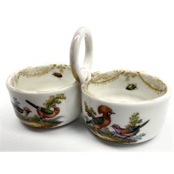 Three late 19th/early 20th century Meissen open double salts, comprising pair with shell shaped bowls and naturalistically modelled ring handle, decorated in underglaze blue in the Onion pattern, L11cm, and a single example with circular bowls and ring handle, decorated with birds and insects and heightened with gilt, L9.5cm, each with blue crossed sword mark beneath 
