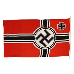 WWII German Third Reich Nazi Kriegsmarine/Navy Reichskriegsflagge, with iron cross to corner and swastika to centre, stamped to the hoist with eagle over 'M', and 'Reichskriegs-Flg. 100cm x 170cm