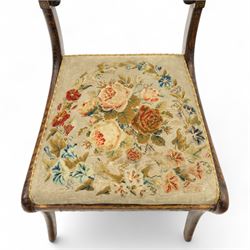 William IV X-frame rosewood stool with upholstered drop-in seat and a Regency simulated rosewood and brass inlaid dining chair with drop-in seat worked in floral needlepoint, W43xD43xH43cm & W46xD40xH79, (2)