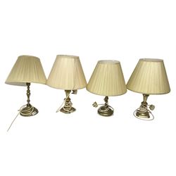 Four brass table lamps with pleated lampshades, tallest H50cm