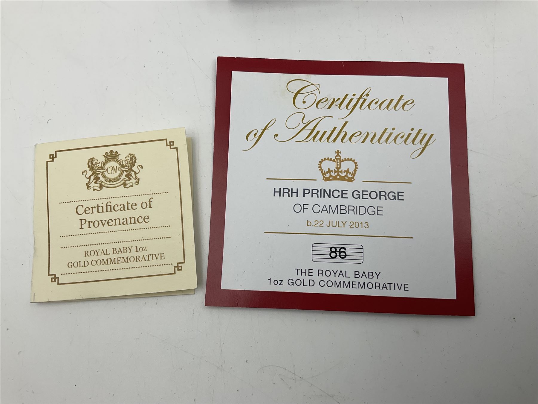 'HRH Prince George of Cambridge The Royal Baby' gold commemorative medallion, weighing 34 grams of 22 carat gold, cased with certificate