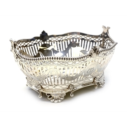  Victorian silver fretwork basket, swag decoration by Charles Stuart Harris,  London 1896, retailed Thomas 153 New Bond Street London,  L22.5cm, approx 18oz  