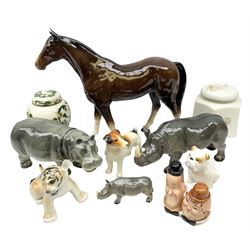 Beswick model of a seated bulldog, model no. 1872, Beswick Laurel & Hardy cruet set on stand, no. 575, Melba Ware animal figures to include large horse, hippo, rhino, USSR tiger cub figure, other ceramics to include Mason's lidded jar etc