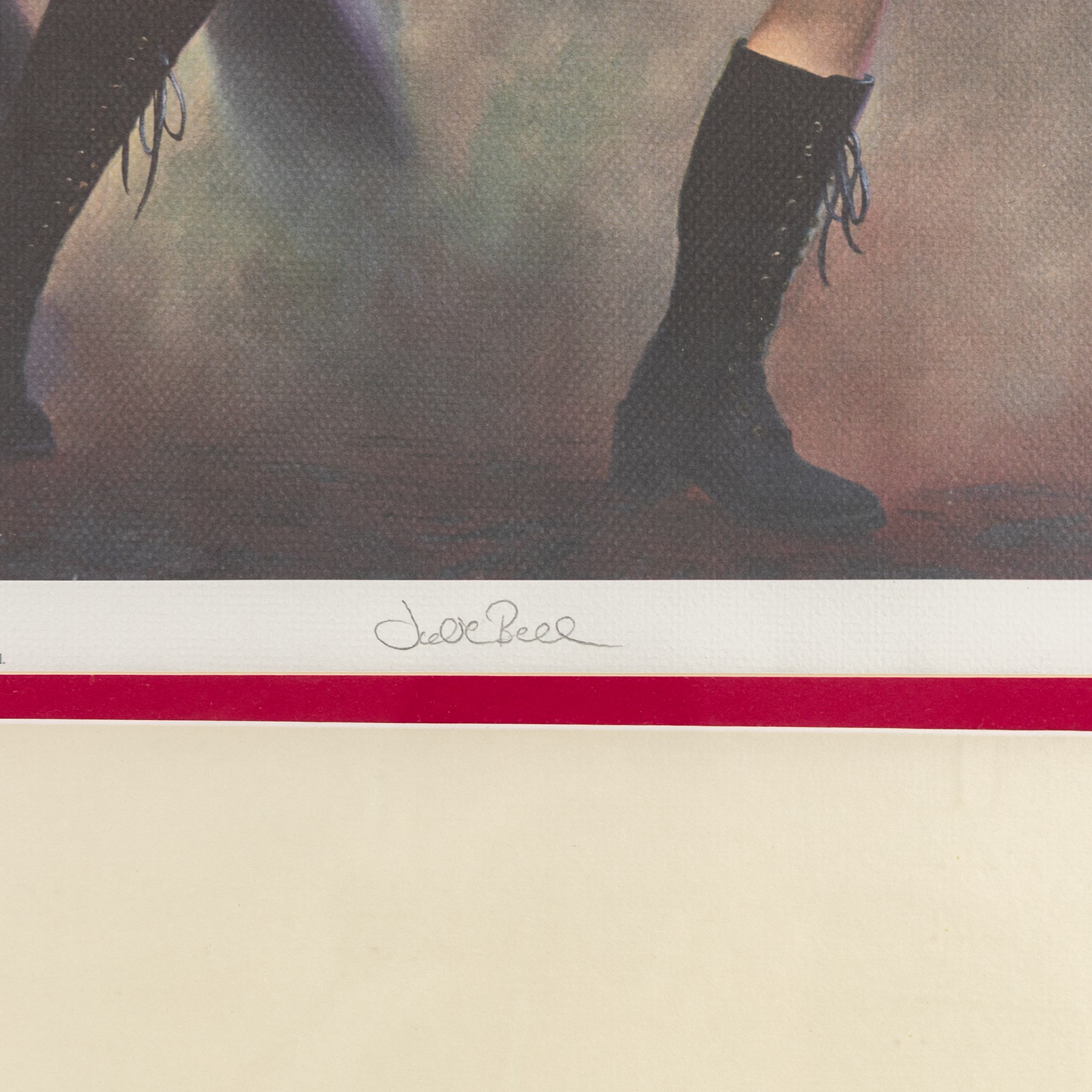 Signed Buffy the Vampire Slayer montage, comprising limited edition print signed by artist Julie Bell to the centre bordered by signed cast photographs to include Sarah Michelle Gellar, Anthony Head, Alyson Hannigan, David Boreanaz, James Marsters and Juliet Landau, in large presentation frame, frame H109cm, W126cm