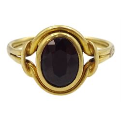 Edwardian 9ct gold shield design locket pendant, with bright cut foliate decoration, Birmingham 1908, gold single stone garnet ring and a 14ct gold knot brooch