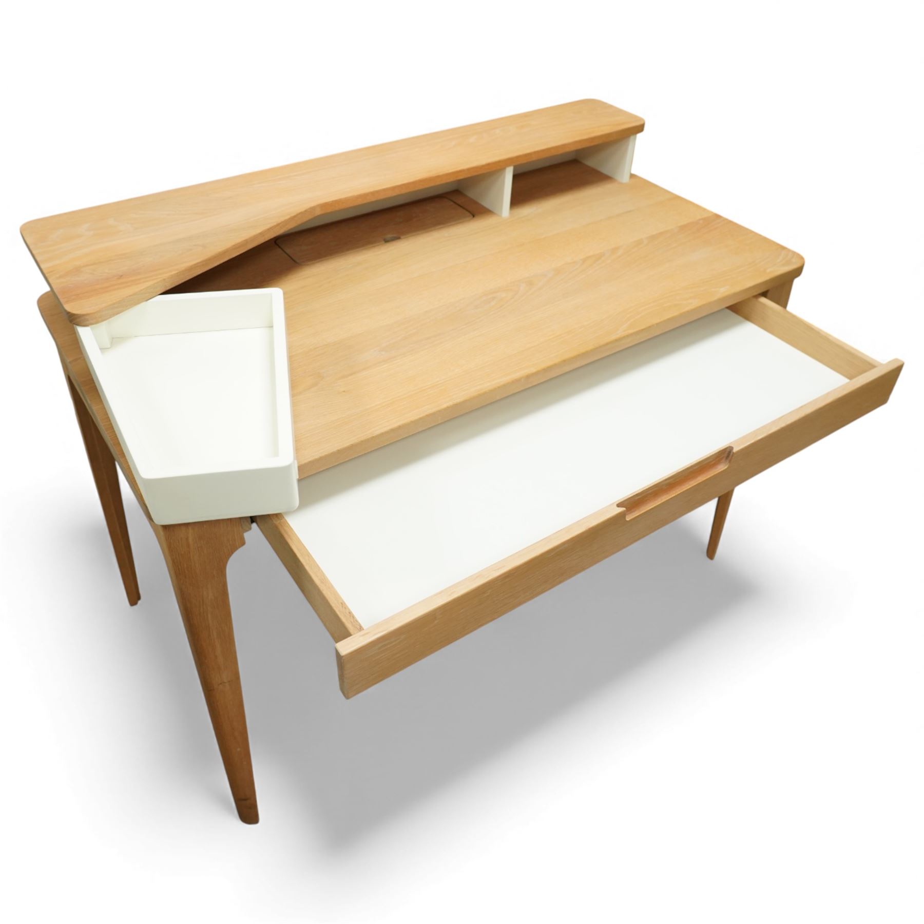 Ebbe Gehl for John Lewis - ‘Mira’ oak desk, rectangular top with raised twin-shelf gallery in contrasting cream finish,  single central drawer with recessed pull, on tapered supports