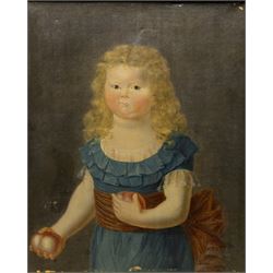 Royer (French 18th century): Portrait of a Girl Holding Peaches, oil on canvas signed and dated 1795, inscribed verso 55cm x 45cm