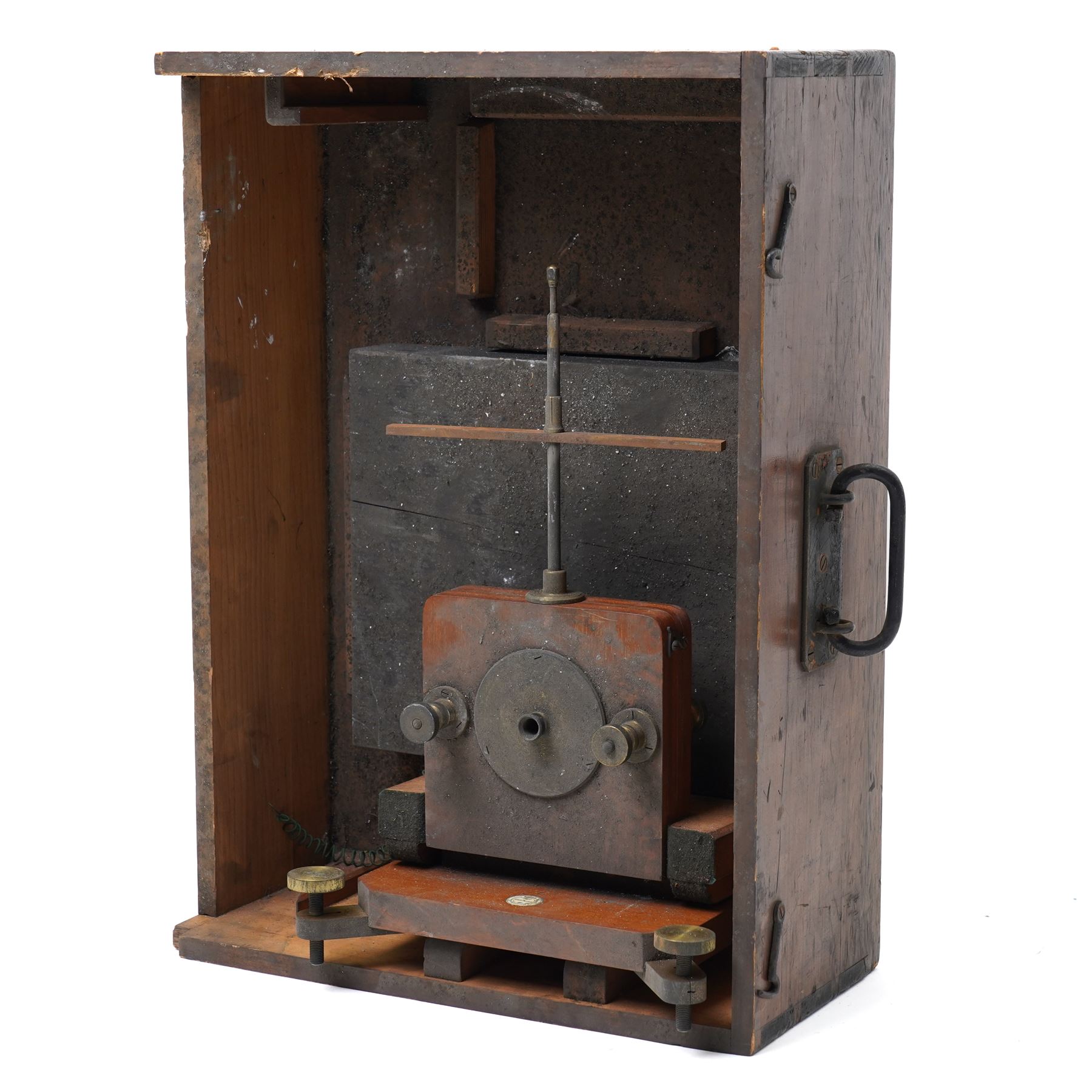 Late 19th century engineering or mechanics teaching apparatus, from Professor Stuarts Workshop Cambridge University, written on central inlaid bone plaque, within case, H48.5cm x W36cm 
Notes: Stuart was the first true professor of Engineering at Cambridge between 1875-1890. He persuaded the University to give him a wooden hut to serve as a workshop, on the condition that he furnish and equip it at his own expense. Charles Darwin and Gladstone were among the early visitors to admire the new facility in 1878. This equipment would have been used in the aforementioned workshop.
Provenance: Property of a Nobleman.  