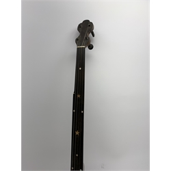 J E Brewster London Universal Favourite fretless banjo with inlaid fingerboard, impressed maker's marks and serial no.769, L90cm
