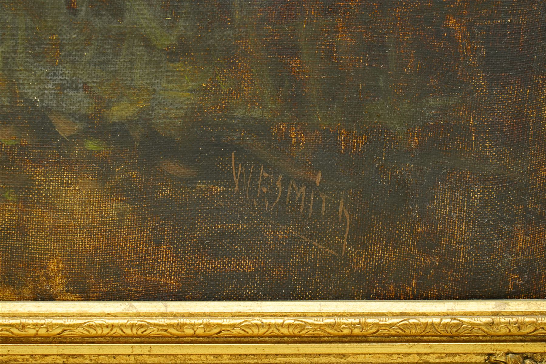 W E Smith (Continental 20th century): Dutch Windmills on the Riverside, oil on canvas signed 60cm x 90cm