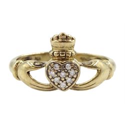 9ct gold diamond set Claddagh ring, hallmarked